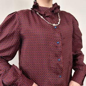 Vtg. 70s early 80s Brown & Blue Button Ruffled Prairie Blouse
